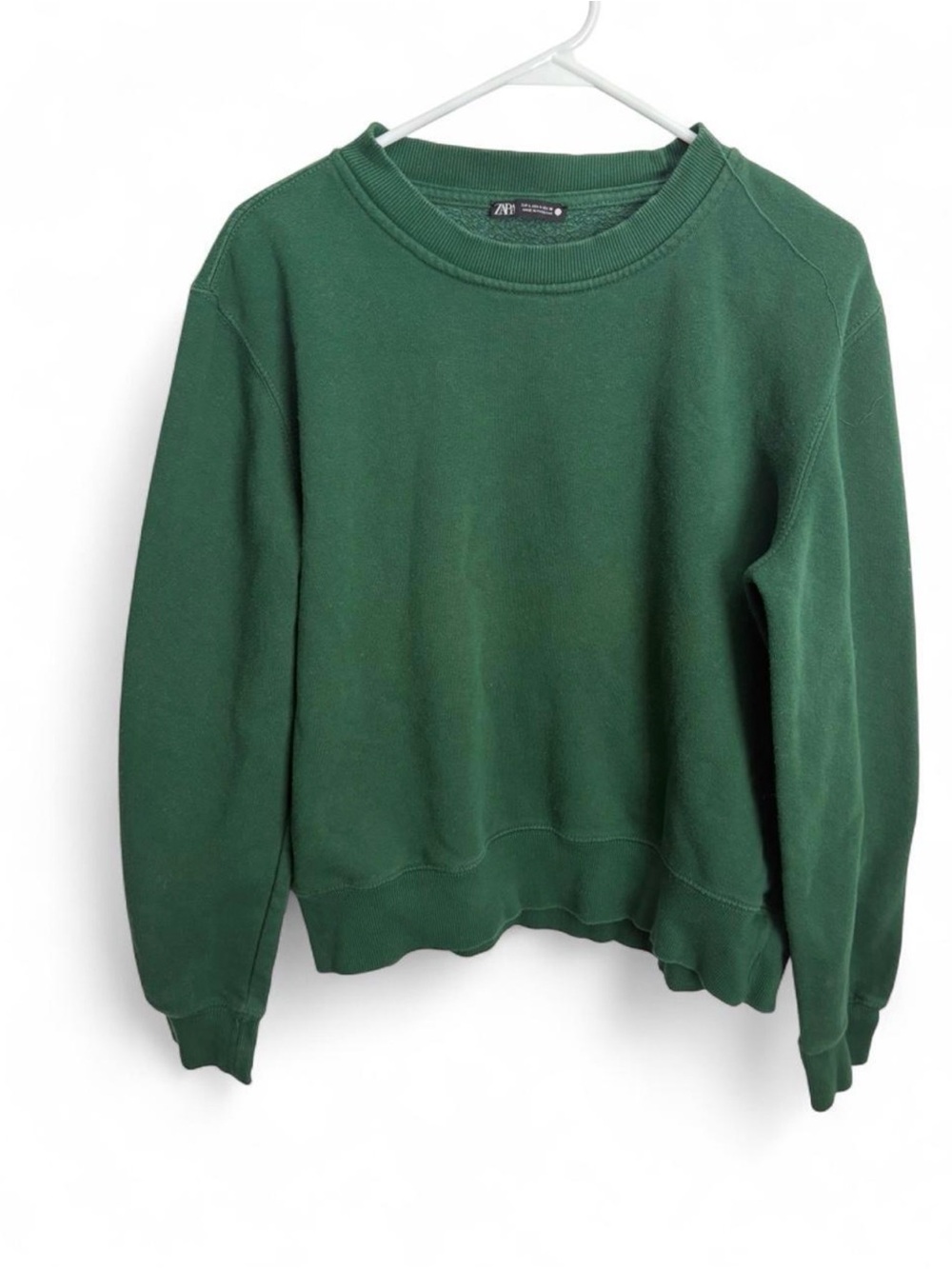 Zara Green Crewneck Sweatshirt Womens Large Forest Green Crop Pullover Fleece